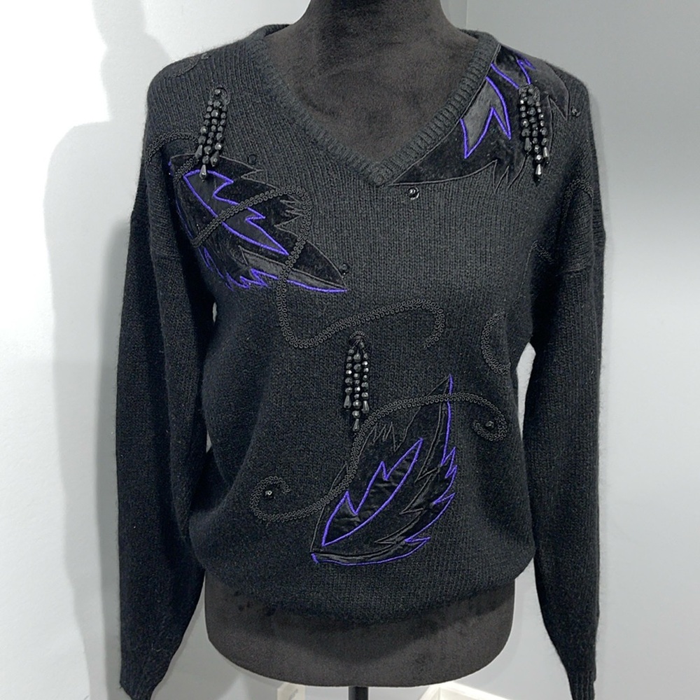 Vintage 1980s Amilano sweater appliqué beads decorated silk nylon angora blend